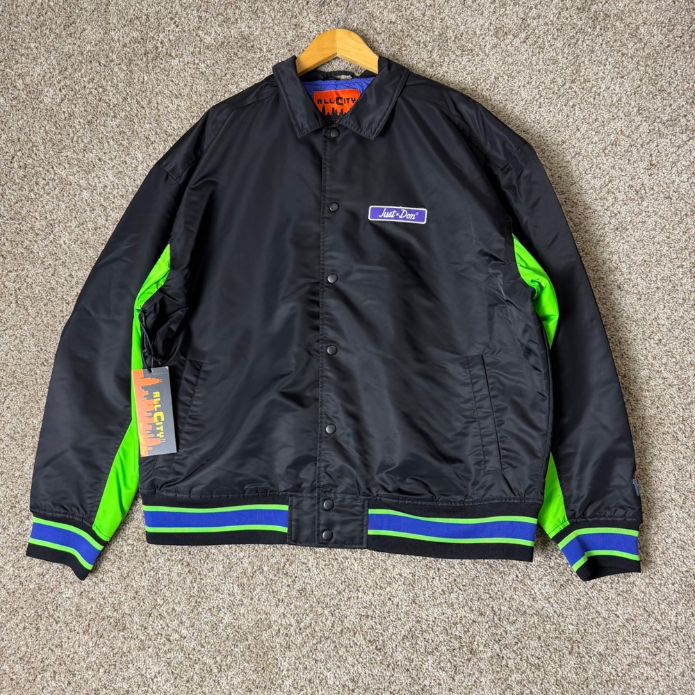 Just Don All City Coach Jacket L Black Green Streetwear Varsity Snap Front NWT